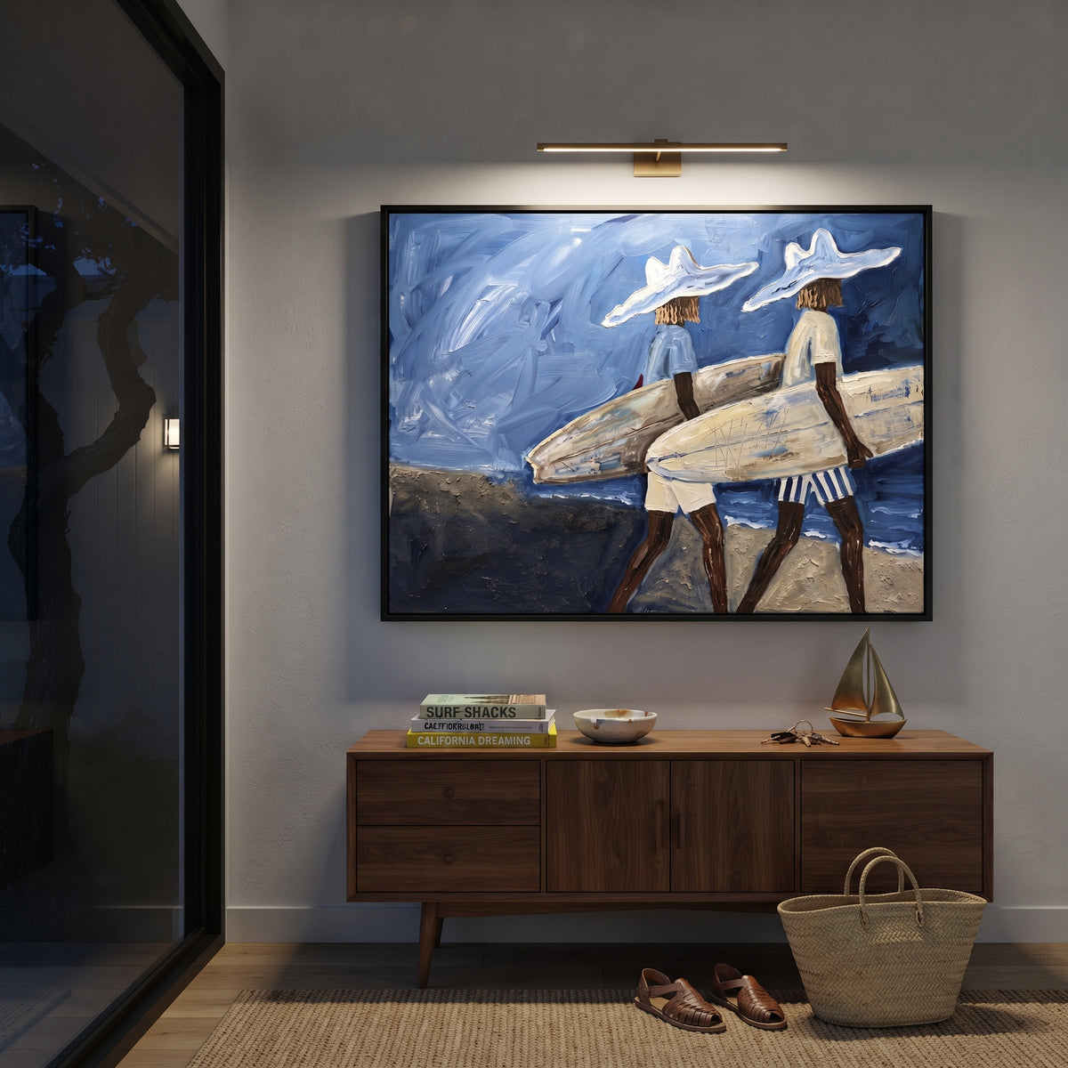 Palm Wall Surfboard Figure focuses on palm wall surfboard figure with white hats, surfboard forms, beach horizon, palm or checkered floor details. The composition is built from the exact pose, clothing shape, accessories, furniture, animal form, shoreline, palm shape, surfboard, or table arrangement visible in this artwork, so the image reads as a specific modern figurative painting rather than a generic decorative abstract. The blue; white; sand palette gives the piece its main atmosphere