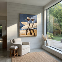 Indoor Checkered Surfboard Walk focuses on indoor checkered surfboard walk with white hats, surfboard forms, beach horizon, palm or checkered floor details. The composition is built from the exact pose, clothing shape, accessories, furniture, animal form, shoreline, palm shape, surfboard, or table arrangement visible in this artwork, so the image reads as a specific modern figurative painting rather than a generic decorative abstract. The blue; white; sand palette gives the piece its main