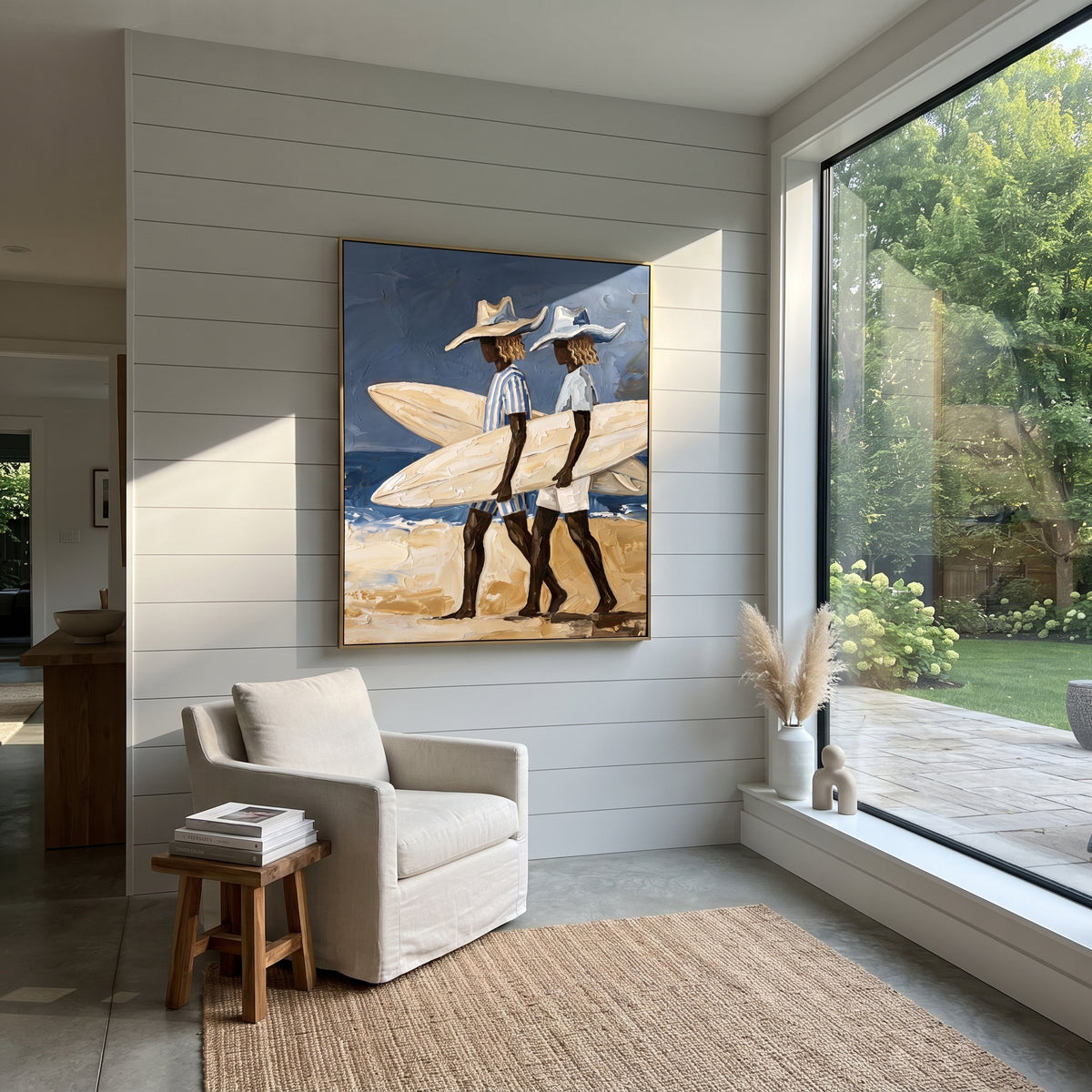 Indoor Checkered Surfboard Walk focuses on indoor checkered surfboard walk with white hats, surfboard forms, beach horizon, palm or checkered floor details. The composition is built from the exact pose, clothing shape, accessories, furniture, animal form, shoreline, palm shape, surfboard, or table arrangement visible in this artwork, so the image reads as a specific modern figurative painting rather than a generic decorative abstract. The blue; white; sand palette gives the piece its main
