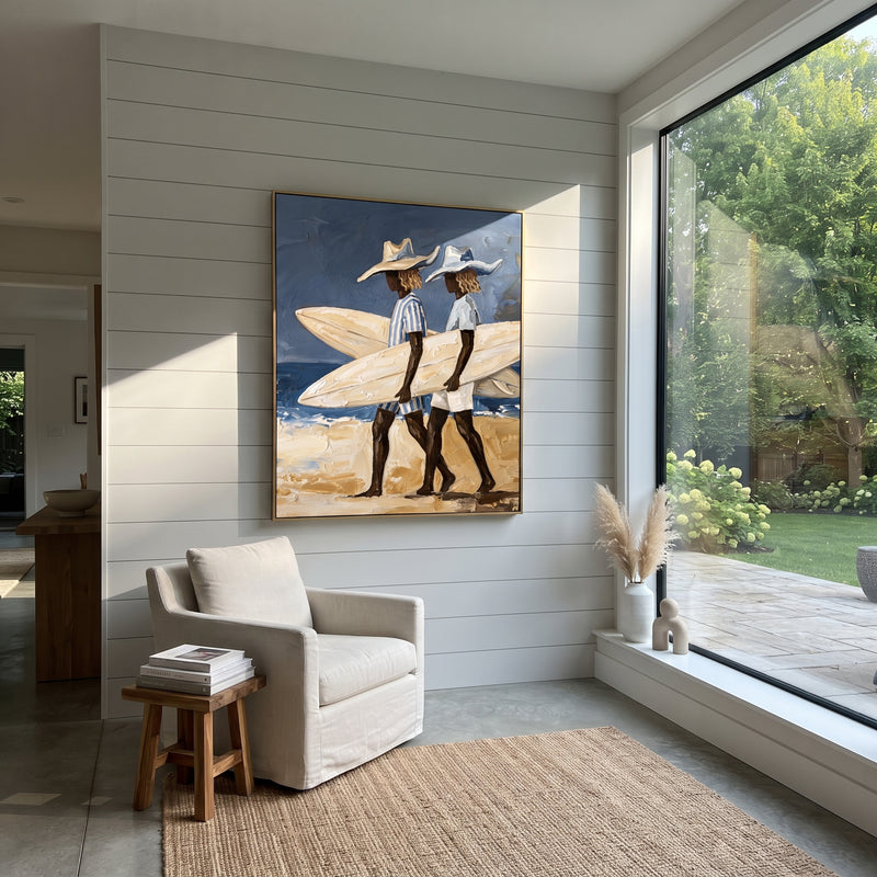 "Indoor Checkered Surfboard Walk" - Modern Heavy Impasto Beach Figure Artwork | Blue & White Palette Knife Painting | Luxury Vertical Wall Art #PT 2729