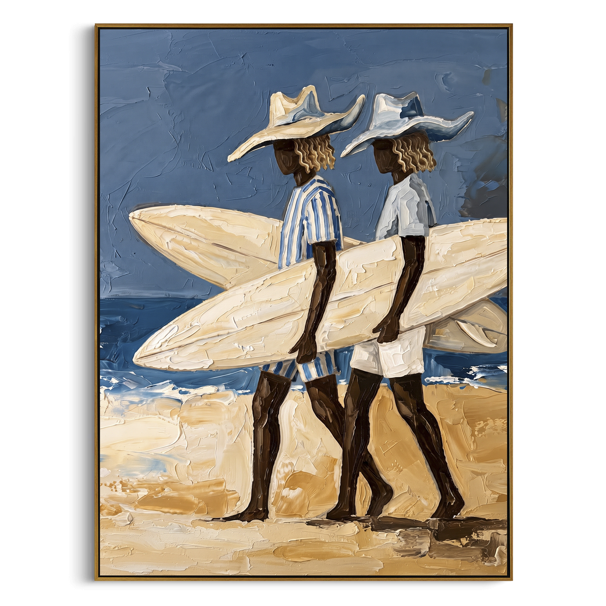 Indoor Checkered Surfboard Walk focuses on indoor checkered surfboard walk with white hats, surfboard forms, beach horizon, palm or checkered floor details. The composition is built from the exact pose, clothing shape, accessories, furniture, animal form, shoreline, palm shape, surfboard, or table arrangement visible in this artwork, so the image reads as a specific modern figurative painting rather than a generic decorative abstract. The blue; white; sand palette gives the piece its main