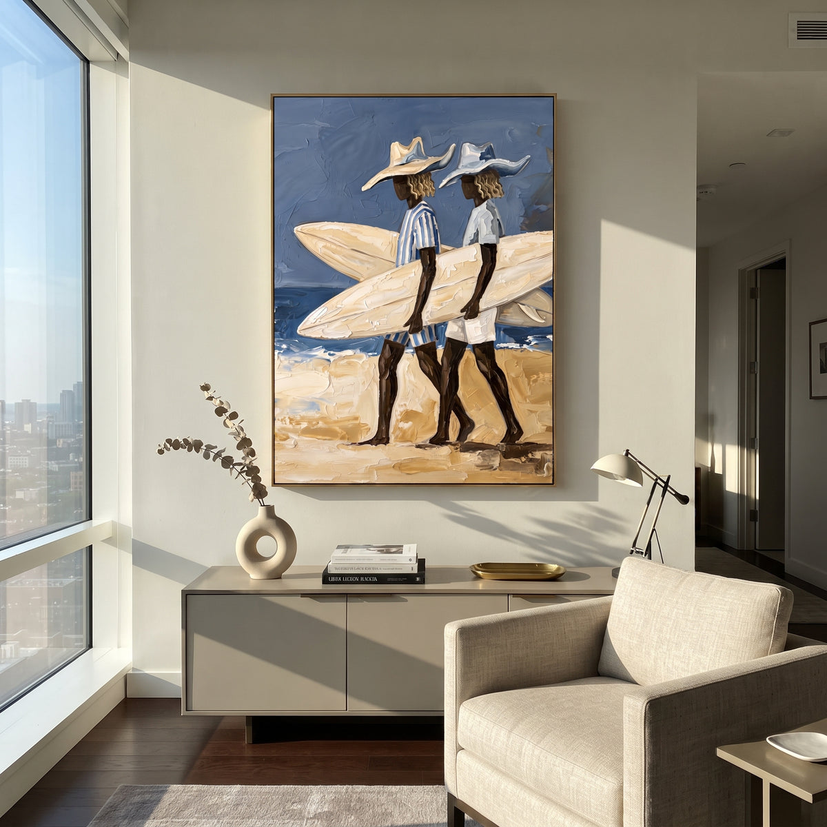 Indoor Checkered Surfboard Walk focuses on indoor checkered surfboard walk with white hats, surfboard forms, beach horizon, palm or checkered floor details. The composition is built from the exact pose, clothing shape, accessories, furniture, animal form, shoreline, palm shape, surfboard, or table arrangement visible in this artwork, so the image reads as a specific modern figurative painting rather than a generic decorative abstract. The blue; white; sand palette gives the piece its main
