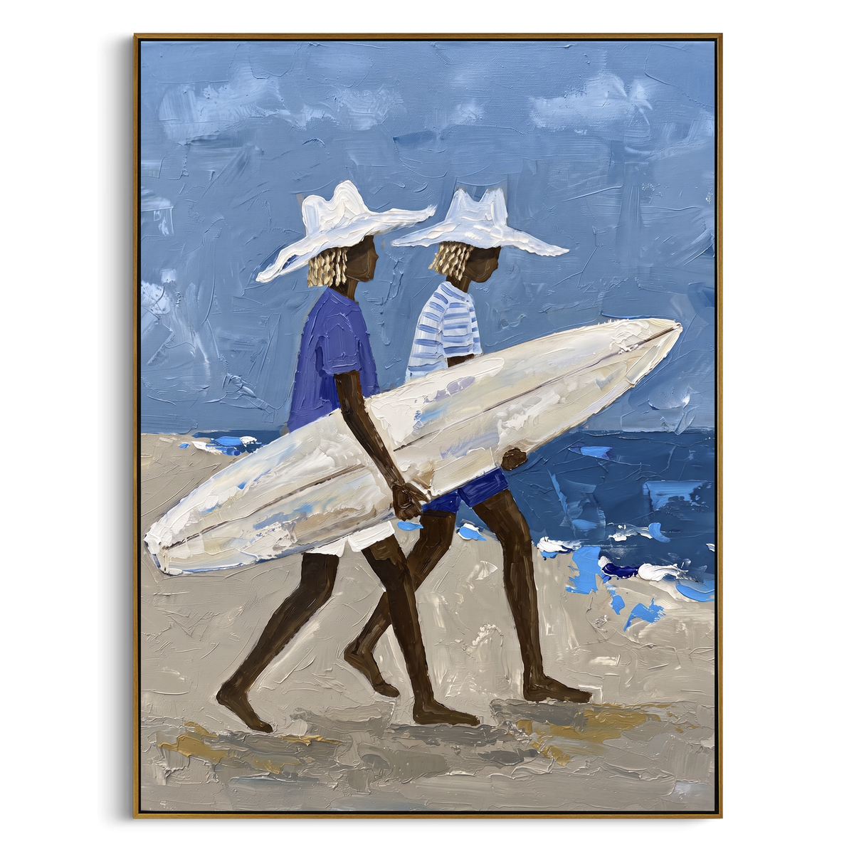 "Checkered Board Hat Portrait" - Modern Heavy Impasto Beach Figure Artwork | Blue & White Palette Knife Painting | Luxury Vertical Wall Art #PT 2730