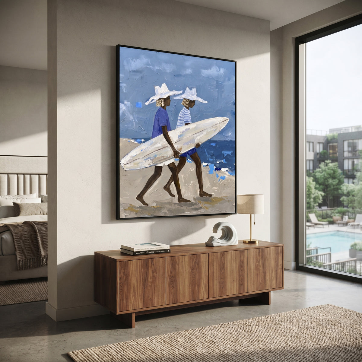 Checkered Board Hat Portrait focuses on checkered board hat portrait with white hats, surfboard forms, beach horizon, palm or checkered floor details. The composition is built from the exact pose, clothing shape, accessories, furniture, animal form, shoreline, palm shape, surfboard, or table arrangement visible in this artwork, so the image reads as a specific modern figurative painting rather than a generic decorative abstract. The blue; white; sand palette gives the piece its main atmosphere