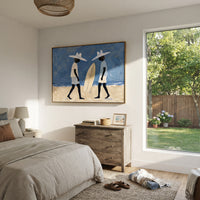 Palm Shade Surfboard Figure focuses on palm shade surfboard figure with white hats, surfboard forms, beach horizon, palm or checkered floor details. The composition is built from the exact pose, clothing shape, accessories, furniture, animal form, shoreline, palm shape, surfboard, or table arrangement visible in this artwork, so the image reads as a specific modern figurative painting rather than a generic decorative abstract. The blue; white; sand palette gives the piece its main atmosphere