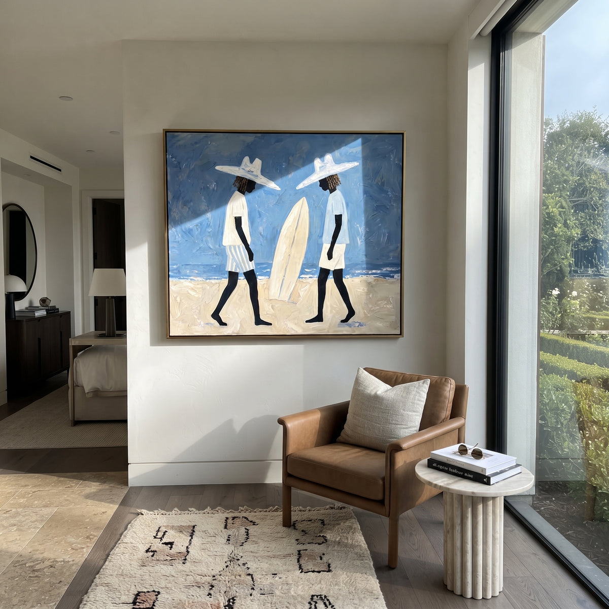 Palm Shade Surfboard Figure focuses on palm shade surfboard figure with white hats, surfboard forms, beach horizon, palm or checkered floor details. The composition is built from the exact pose, clothing shape, accessories, furniture, animal form, shoreline, palm shape, surfboard, or table arrangement visible in this artwork, so the image reads as a specific modern figurative painting rather than a generic decorative abstract. The blue; white; sand palette gives the piece its main atmosphere