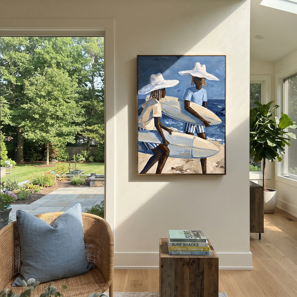 "Sunset Palm Surfboard Walk" - Modern Heavy Impasto Beach Figure Artwork | Blue & White Palette Knife Painting | Luxury Vertical Wall Art #PT 2732