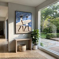 Upright Board Palm Lean focuses on vertical board palm lean with white hats, surfboard forms, beach horizon, palm or checkered floor details. The composition is built from the exact pose, clothing shape, accessories, furniture, animal form, shoreline, palm shape, surfboard, or table arrangement visible in this artwork, so the image reads as a specific modern figurative painting rather than a generic decorative abstract. The blue; white; sand palette gives the piece its main atmosphere, while