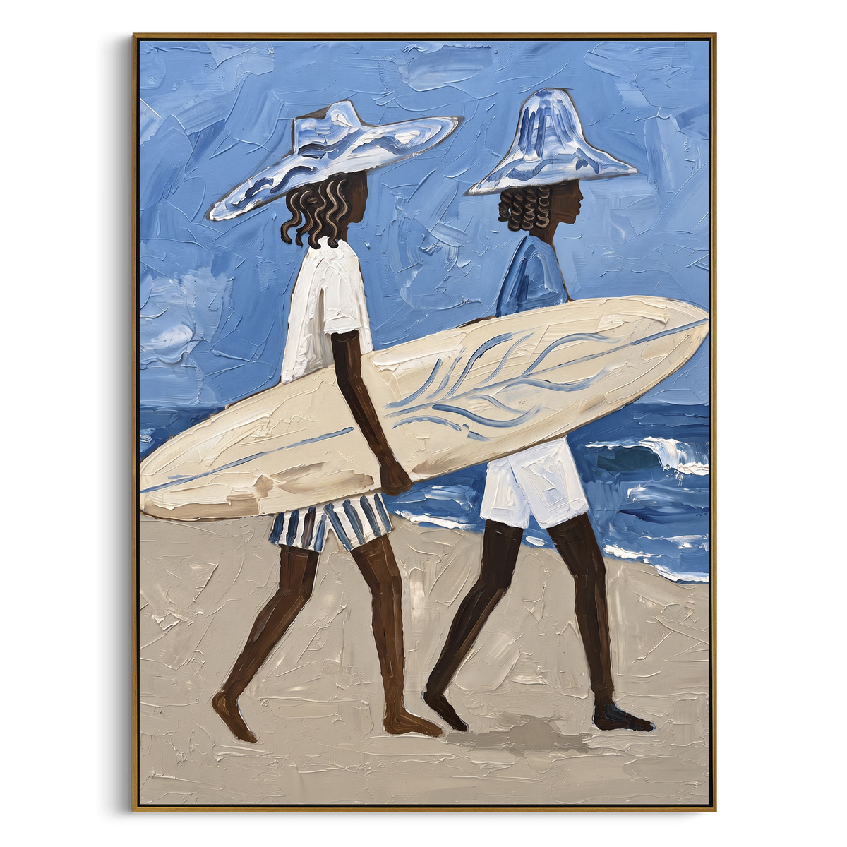 "Upright Board Palm Lean" - Modern Heavy Impasto Beach Figure Artwork | Blue & White Palette Knife Painting | Luxury Vertical Wall Art #PT 2733