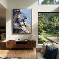 Small Surfer Palm Corner focuses on small surfer palm corner with white hats, surfboard forms, beach horizon, palm or checkered floor details. The composition is built from the exact pose, clothing shape, accessories, furniture, animal form, shoreline, palm shape, surfboard, or table arrangement visible in this artwork, so the image reads as a specific modern figurative painting rather than a generic decorative abstract. The blue; white; sand palette gives the piece its main atmosphere, while