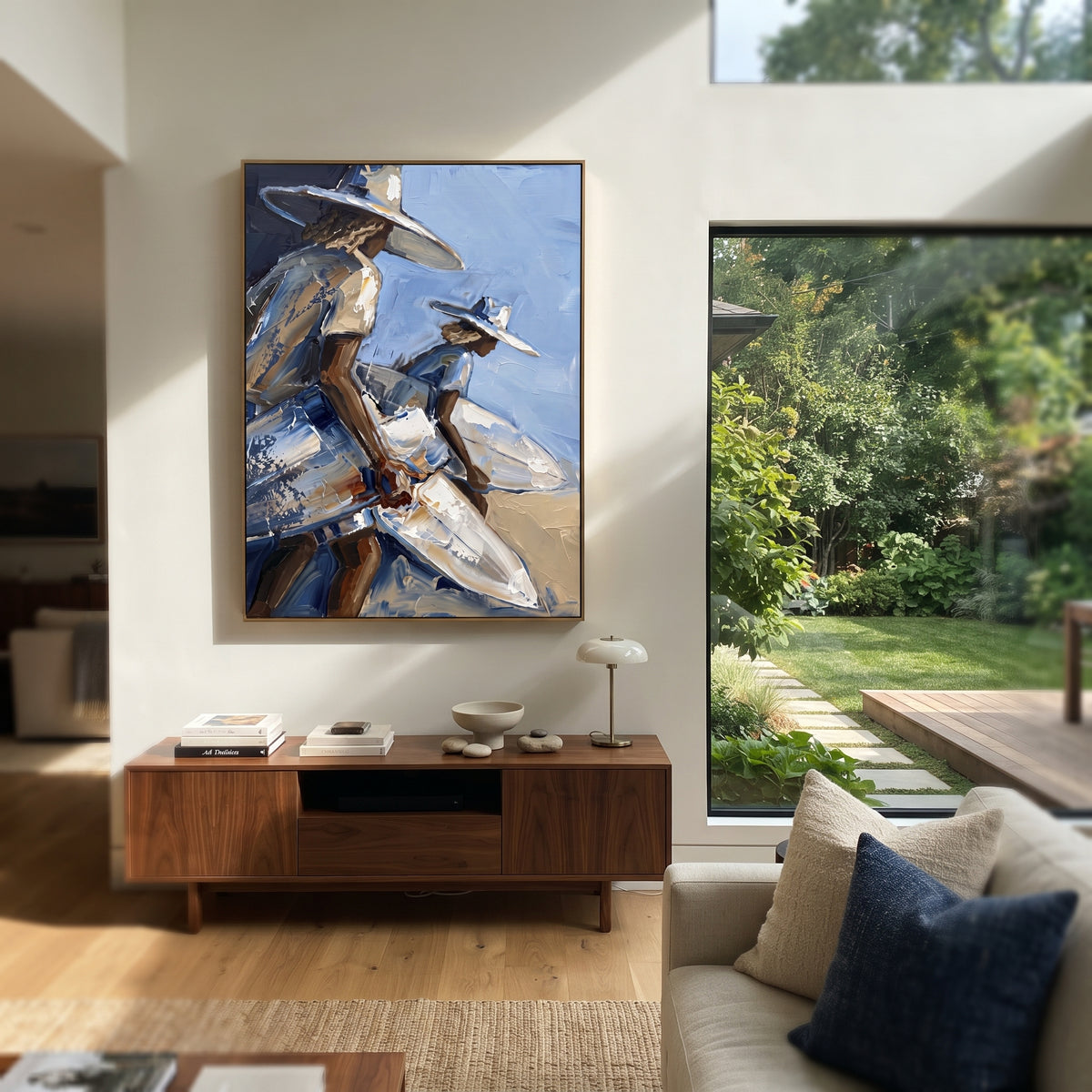 Small Surfer Palm Corner focuses on small surfer palm corner with white hats, surfboard forms, beach horizon, palm or checkered floor details. The composition is built from the exact pose, clothing shape, accessories, furniture, animal form, shoreline, palm shape, surfboard, or table arrangement visible in this artwork, so the image reads as a specific modern figurative painting rather than a generic decorative abstract. The blue; white; sand palette gives the piece its main atmosphere, while