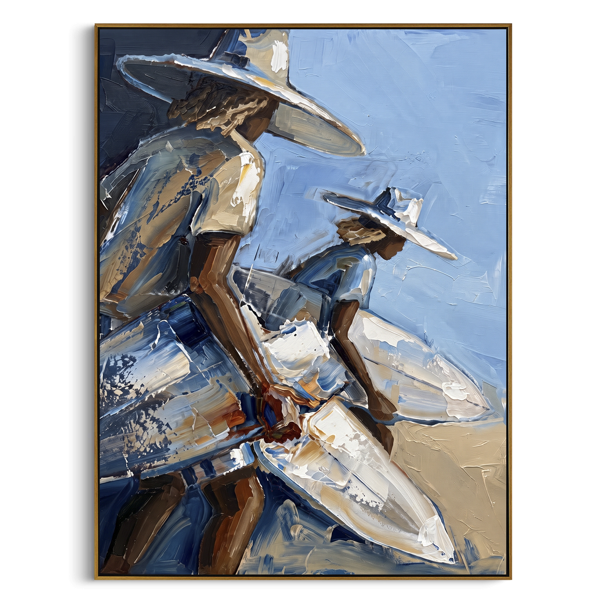 "Small Surfer Palm Corner" - Modern Heavy Impasto Beach Figure Artwork | Blue & White Palette Knife Painting | Luxury Vertical Wall Art #PT 2734