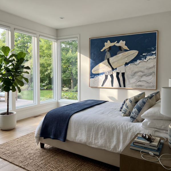 "Board And Palm Wall Walk" - Modern Heavy Impasto Beach Figure Artwork | Blue & White Palette Knife Painting | Luxury Horizontal Wall Art #PT 2735