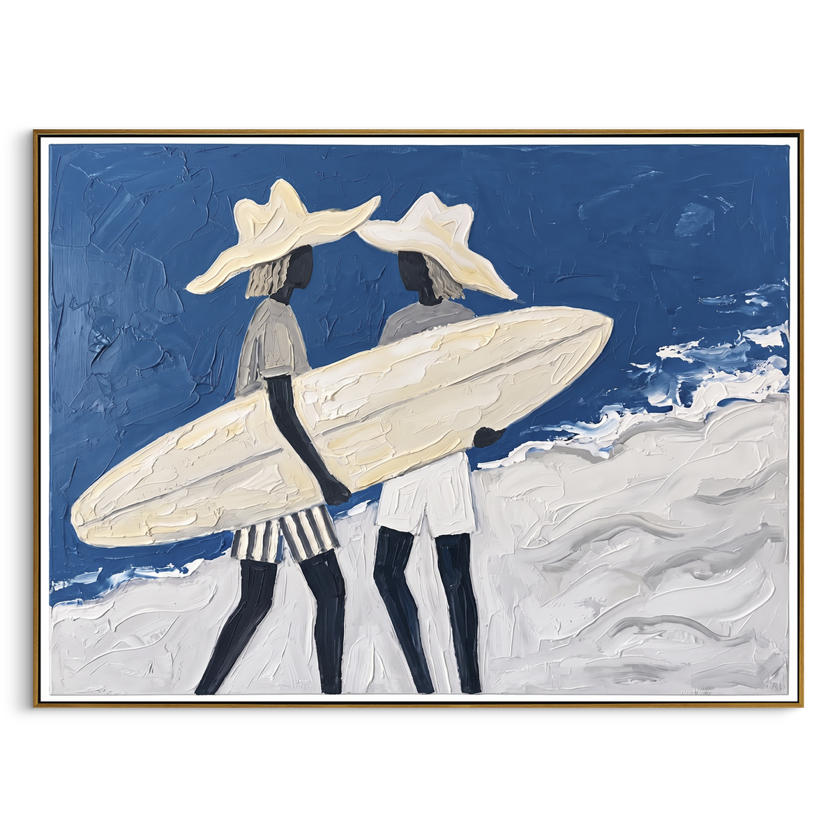 "Board And Palm Wall Walk" - Modern Heavy Impasto Beach Figure Artwork | Blue & White Palette Knife Painting | Luxury Horizontal Wall Art #PT 2735