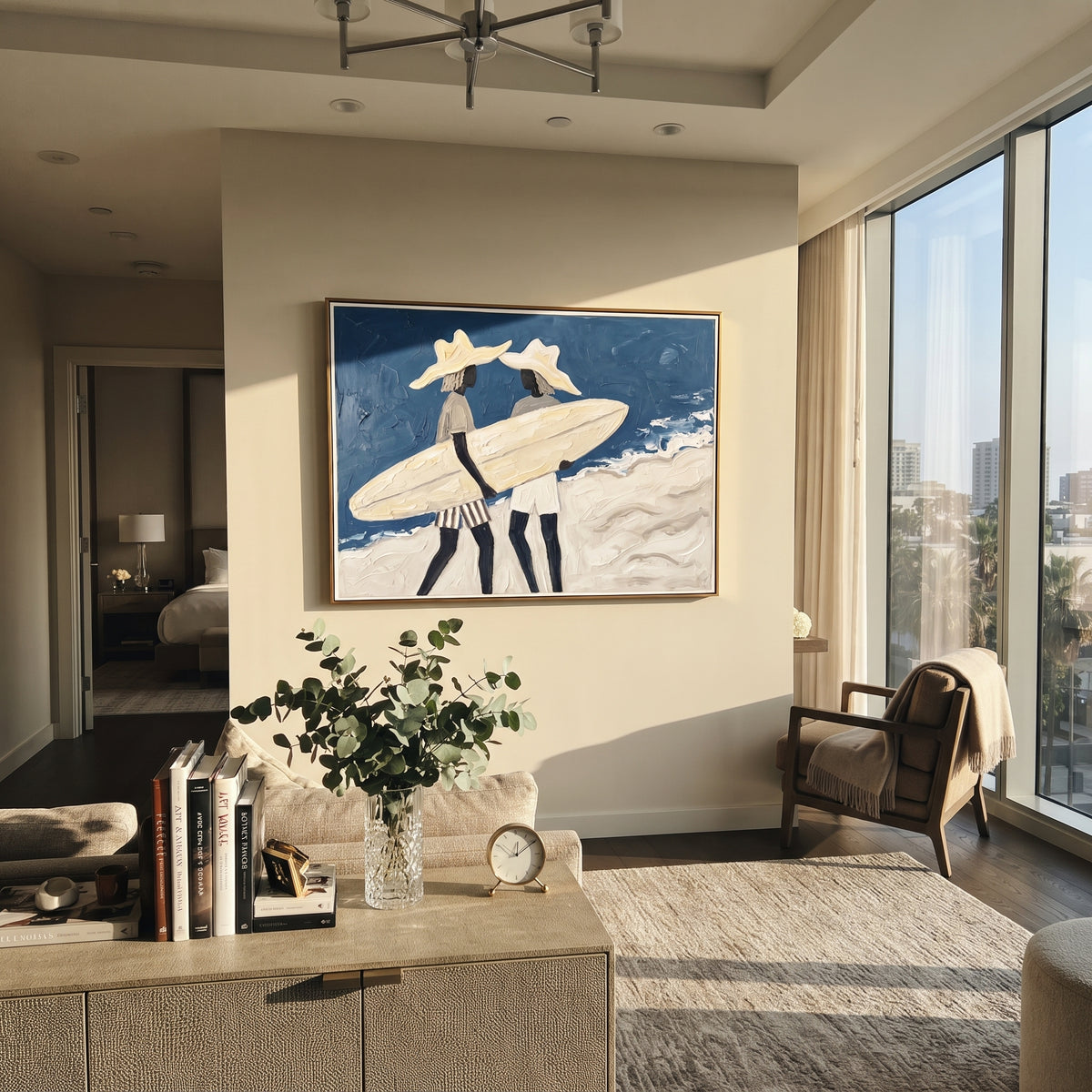 Board And Palm Wall Walk focuses on board and palm wall walk with white hats, surfboard forms, beach horizon, palm or checkered floor details. The composition is built from the exact pose, clothing shape, accessories, furniture, animal form, shoreline, palm shape, surfboard, or table arrangement visible in this artwork, so the image reads as a specific modern figurative painting rather than a generic decorative abstract. The blue; white; sand palette gives the piece its main atmosphere, while