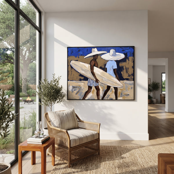 "Palm Trunk Surfboard Pause" - Modern Heavy Impasto Beach Figure Artwork | Blue & White Palette Knife Painting | Luxury Horizontal Wall Art #PT 2736