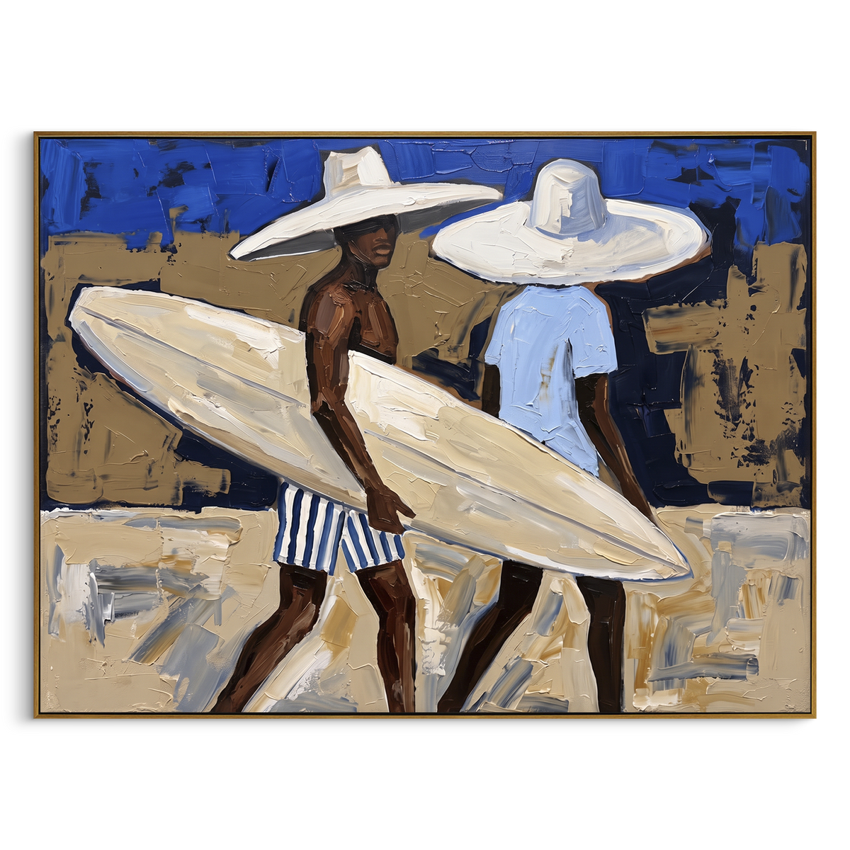 "Palm Trunk Surfboard Pause" - Modern Heavy Impasto Beach Figure Artwork | Blue & White Palette Knife Painting | Luxury Horizontal Wall Art #PT 2736