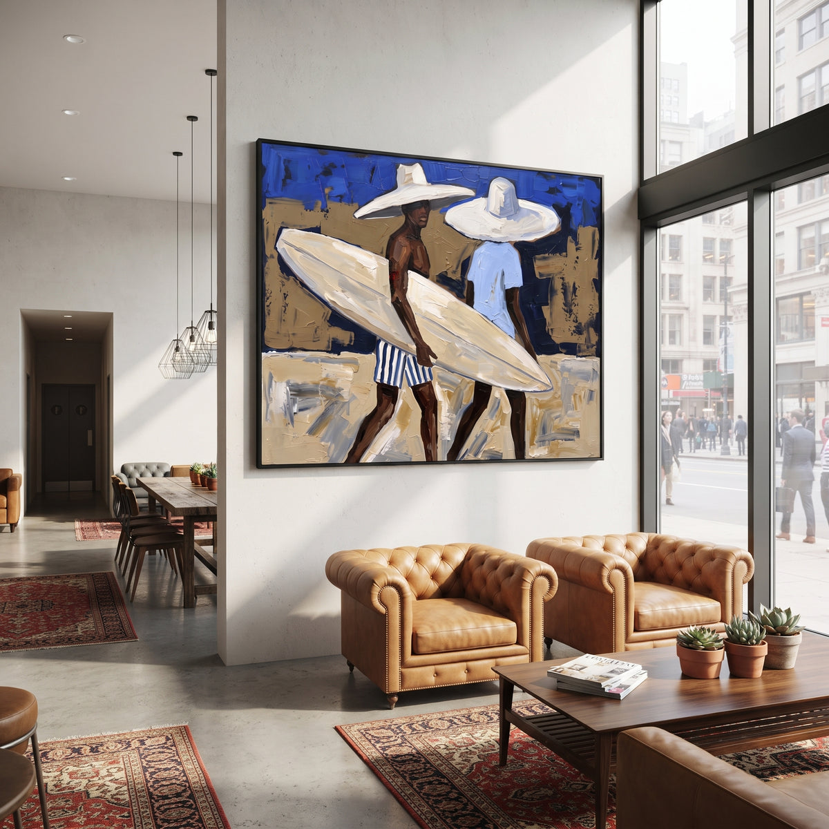 Palm Trunk Surfboard Pause focuses on palm trunk surfboard pause with white hats, surfboard forms, beach horizon, palm or checkered floor details. The composition is built from the exact pose, clothing shape, accessories, furniture, animal form, shoreline, palm shape, surfboard, or table arrangement visible in this artwork, so the image reads as a specific modern figurative painting rather than a generic decorative abstract. The blue; white; sand palette gives the piece its main atmosphere
