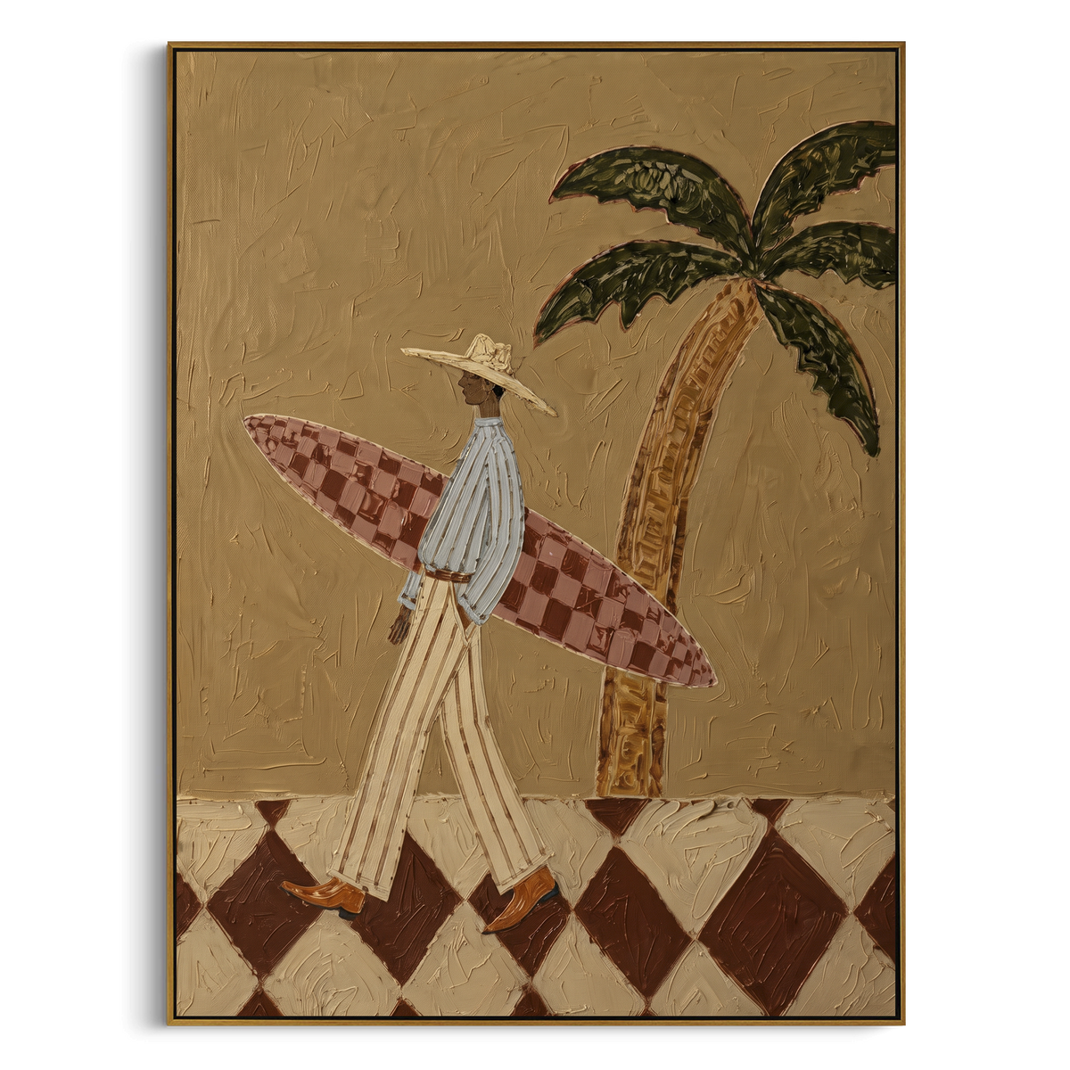 Long Checkered Board Walk focuses on long checkered board walk with white hats, surfboard forms, beach horizon, palm or checkered floor details. The composition is built from the exact pose, clothing shape, accessories, furniture, animal form, shoreline, palm shape, surfboard, or table arrangement visible in this artwork, so the image reads as a specific modern figurative painting rather than a generic decorative abstract. The blue; white; sand palette gives the piece its main atmosphere, while