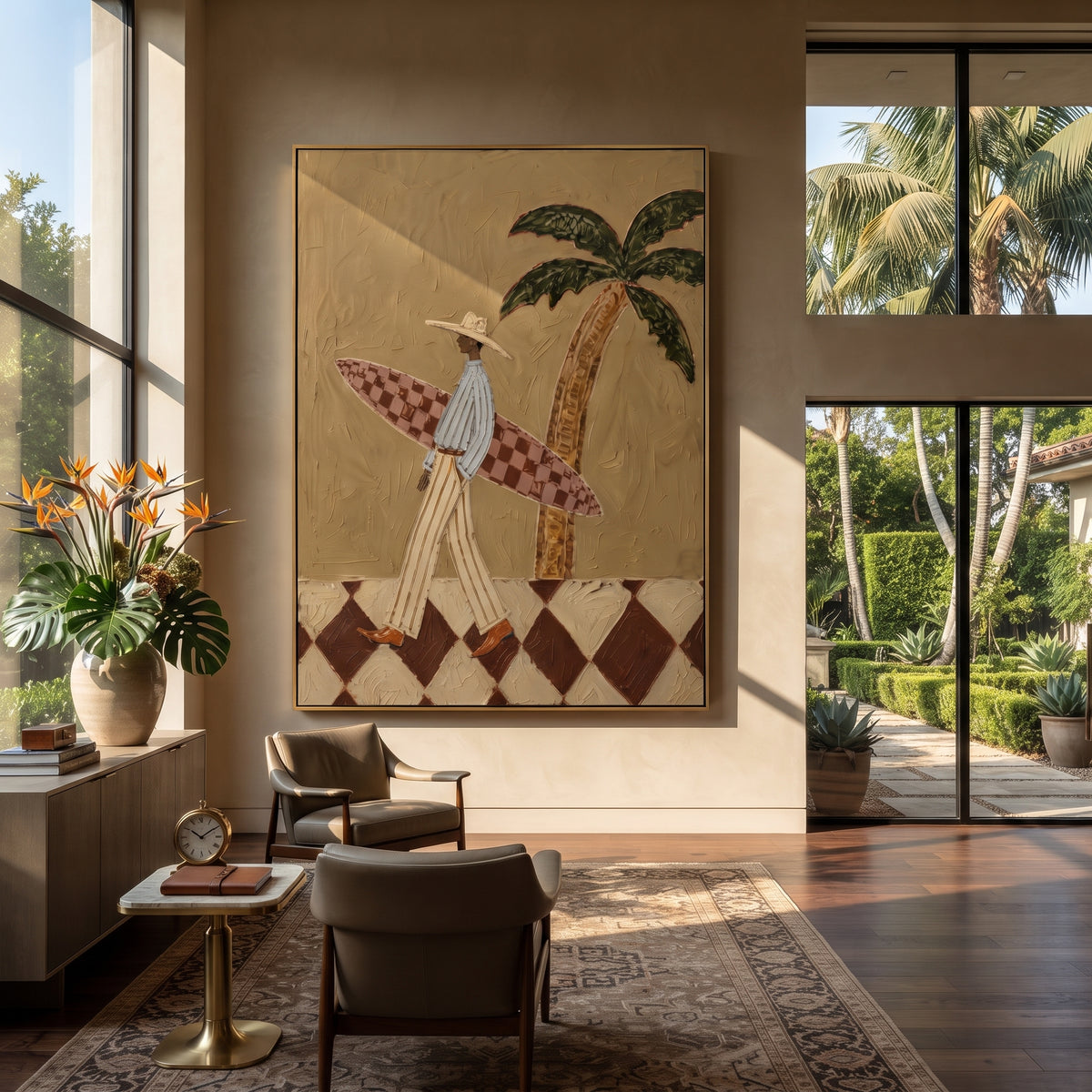 Long Checkered Board Walk focuses on long checkered board walk with white hats, surfboard forms, beach horizon, palm or checkered floor details. The composition is built from the exact pose, clothing shape, accessories, furniture, animal form, shoreline, palm shape, surfboard, or table arrangement visible in this artwork, so the image reads as a specific modern figurative painting rather than a generic decorative abstract. The blue; white; sand palette gives the piece its main atmosphere, while