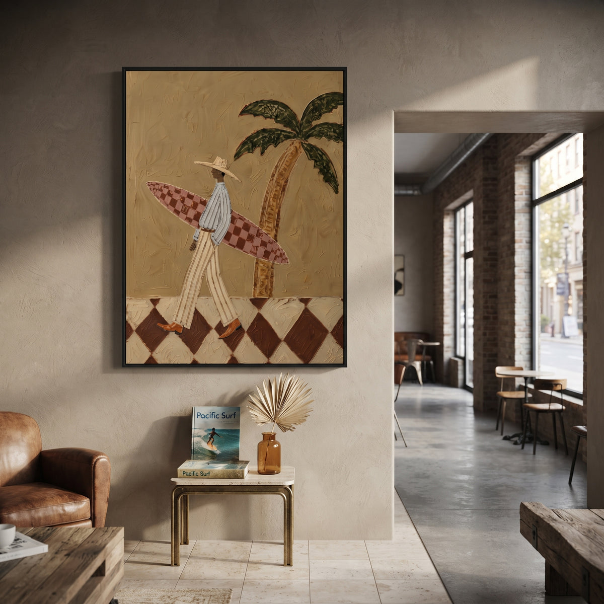 Long Checkered Board Walk focuses on long checkered board walk with white hats, surfboard forms, beach horizon, palm or checkered floor details. The composition is built from the exact pose, clothing shape, accessories, furniture, animal form, shoreline, palm shape, surfboard, or table arrangement visible in this artwork, so the image reads as a specific modern figurative painting rather than a generic decorative abstract. The blue; white; sand palette gives the piece its main atmosphere, while