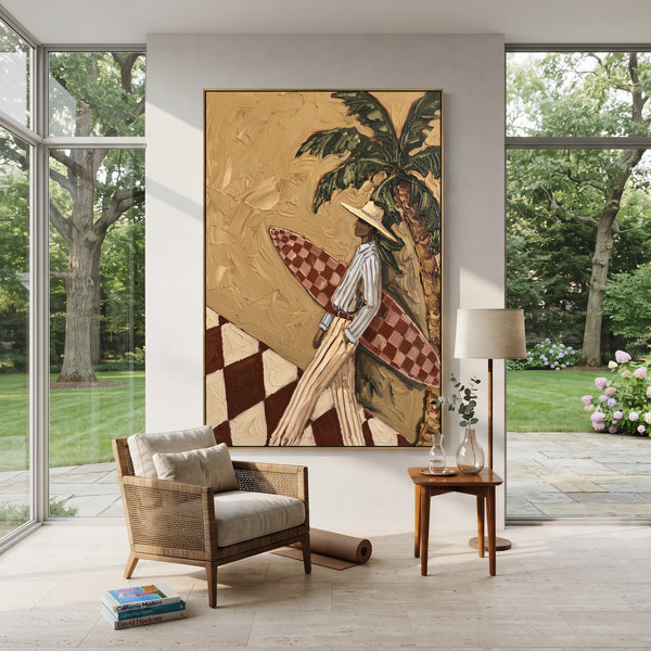 "Tall Card Table Cowgirls" - Modern Heavy Impasto Beach Figure Artwork | Green & Pink Palette Knife Painting | Luxury Vertical Wall Art #PT 2738