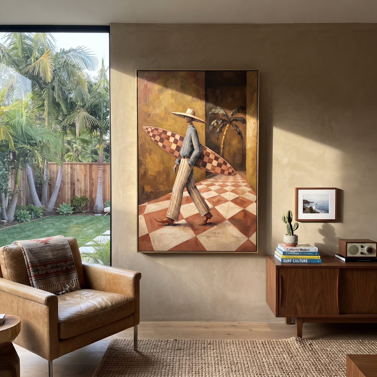 Orange Glow Poker Pair focuses on orange glow poker pair with two western figures, wide hats, black table or bar surface, martini glasses, floating playing cards, and dark olive saloon ground. The composition is built from the exact pose, clothing shape, accessories, furniture, animal form, shoreline, palm shape, surfboard, or table arrangement visible in this artwork, so the image reads as a specific modern figurative painting rather than a generic decorative abstract. The green; pink; black