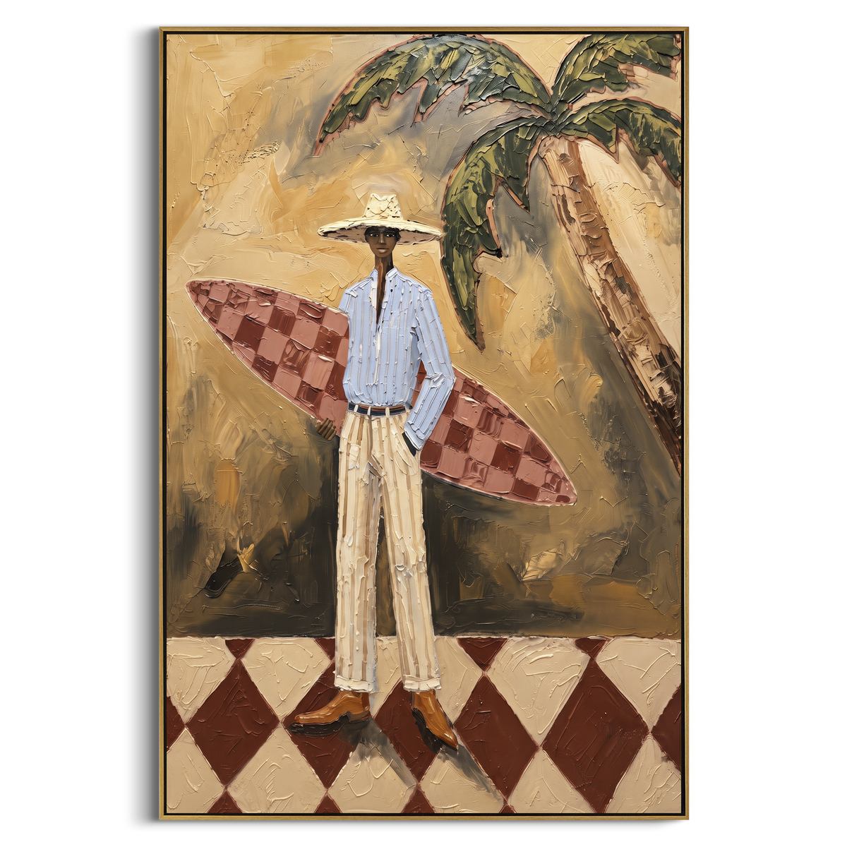 Bottle Table Cowgirl Game focuses on bottle table cowgirl game with two western figures, wide hats, black table or bar surface, martini glasses, floating playing cards, and dark olive saloon ground. The composition is built from the exact pose, clothing shape, accessories, furniture, animal form, shoreline, palm shape, surfboard, or table arrangement visible in this artwork, so the image reads as a specific modern figurative painting rather than a generic decorative abstract. The green; pink