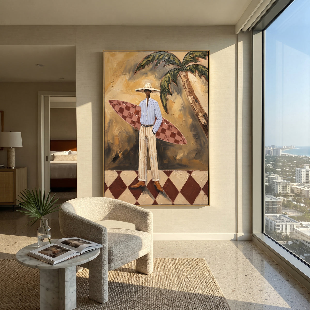 Bottle Table Cowgirl Game focuses on bottle table cowgirl game with two western figures, wide hats, black table or bar surface, martini glasses, floating playing cards, and dark olive saloon ground. The composition is built from the exact pose, clothing shape, accessories, furniture, animal form, shoreline, palm shape, surfboard, or table arrangement visible in this artwork, so the image reads as a specific modern figurative painting rather than a generic decorative abstract. The green; pink