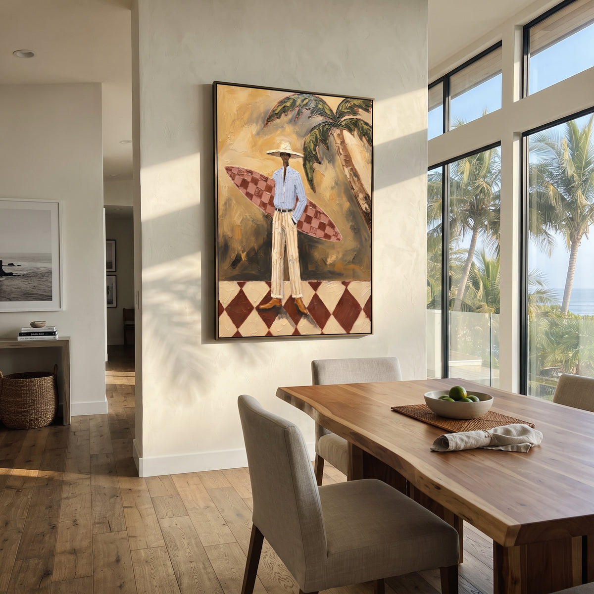 Bottle Table Cowgirl Game focuses on bottle table cowgirl game with two western figures, wide hats, black table or bar surface, martini glasses, floating playing cards, and dark olive saloon ground. The composition is built from the exact pose, clothing shape, accessories, furniture, animal form, shoreline, palm shape, surfboard, or table arrangement visible in this artwork, so the image reads as a specific modern figurative painting rather than a generic decorative abstract. The green; pink