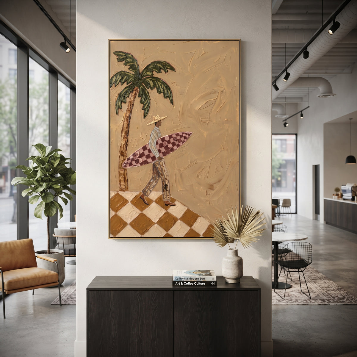 Leaning Pink Poker Players focuses on leaning pink poker players with two western figures, wide hats, black table or bar surface, martini glasses, floating playing cards, and dark olive saloon ground. The composition is built from the exact pose, clothing shape, accessories, furniture, animal form, shoreline, palm shape, surfboard, or table arrangement visible in this artwork, so the image reads as a specific modern figurative painting rather than a generic decorative abstract. The green; pink