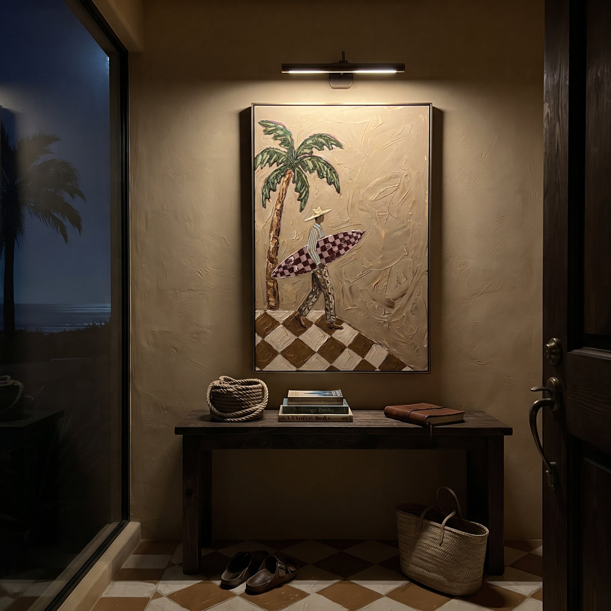 Leaning Pink Poker Players focuses on leaning pink poker players with two western figures, wide hats, black table or bar surface, martini glasses, floating playing cards, and dark olive saloon ground. The composition is built from the exact pose, clothing shape, accessories, furniture, animal form, shoreline, palm shape, surfboard, or table arrangement visible in this artwork, so the image reads as a specific modern figurative painting rather than a generic decorative abstract. The green; pink