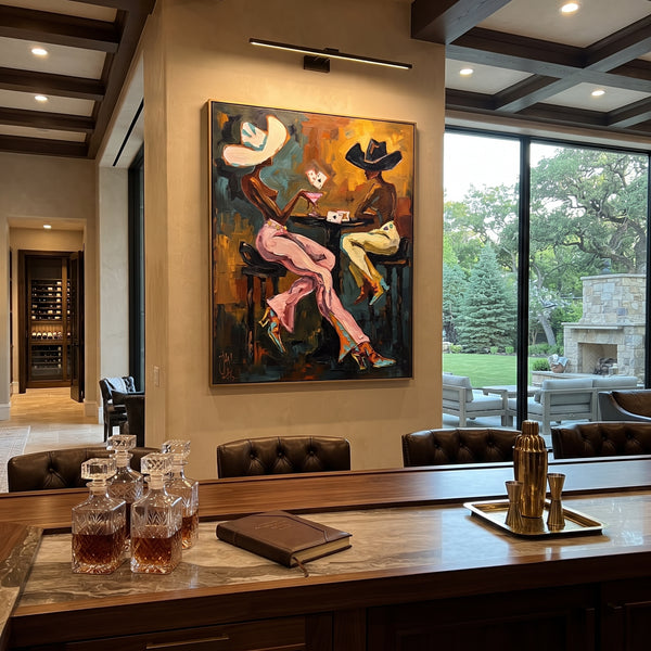 "Card Rain Poker Table" - Modern Heavy Impasto Beach Figure Artwork | Green & Pink Palette Knife Painting | Luxury Vertical Wall Art #PT 2749