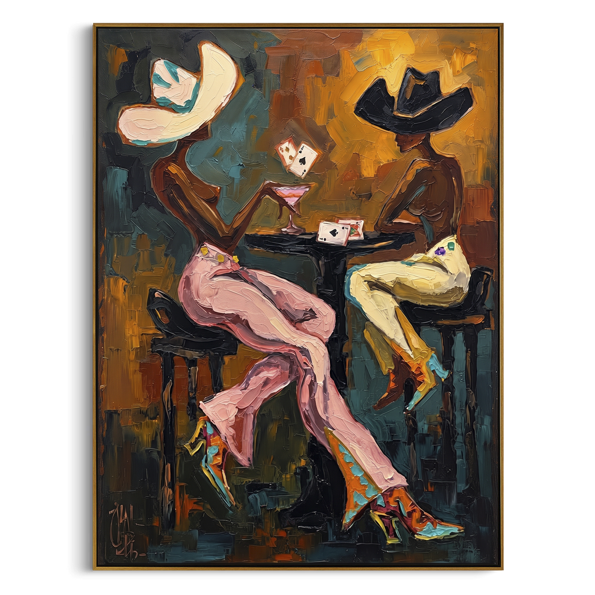 "Card Rain Poker Table" - Modern Heavy Impasto Beach Figure Artwork | Green & Pink Palette Knife Painting | Luxury Vertical Wall Art #PT 2749