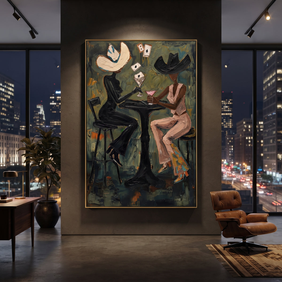 Pink Hat Card Table focuses on pink hat card table with two western figures, wide hats, black table or bar surface, martini glasses, floating playing cards, and dark olive saloon ground. The composition is built from the exact pose, clothing shape, accessories, furniture, animal form, shoreline, palm shape, surfboard, or table arrangement visible in this artwork, so the image reads as a specific modern figurative painting rather than a generic decorative abstract. The green; pink; black palette
