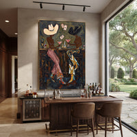 Dark Martini Poker Pair focuses on dark martini poker pair with two western figures, wide hats, black table or bar surface, martini glasses, floating playing cards, and dark olive saloon ground. The composition is built from the exact pose, clothing shape, accessories, furniture, animal form, shoreline, palm shape, surfboard, or table arrangement visible in this artwork, so the image reads as a specific modern figurative painting rather than a generic decorative abstract. The green; pink; black