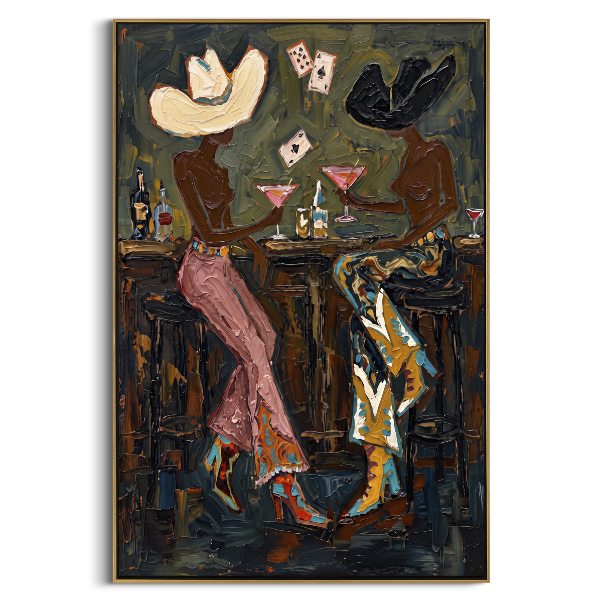 "Dark Martini Poker Pair" - Modern Heavy Impasto Beach Figure Artwork | Green & Pink Palette Knife Painting | Luxury Vertical Wall Art #PT 2751