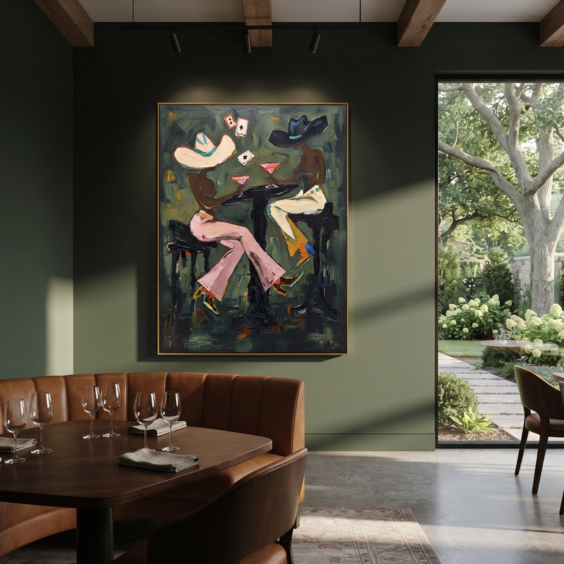 "Black Hat Martini Table" - Modern Heavy Impasto Beach Figure Artwork | Green & Pink Palette Knife Painting | Luxury Vertical Wall Art #PT 2752