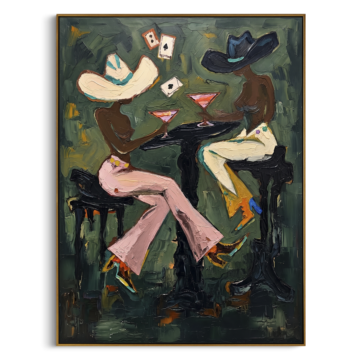 "Black Hat Martini Table" - Modern Heavy Impasto Beach Figure Artwork | Green & Pink Palette Knife Painting | Luxury Vertical Wall Art #PT 2752