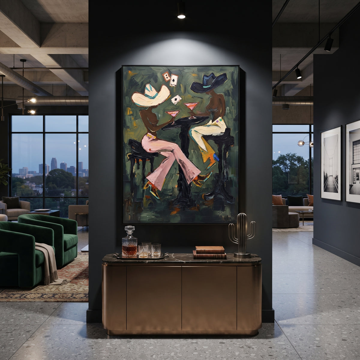Black Hat Martini Table focuses on black hat martini table with two western figures, wide hats, black table or bar surface, martini glasses, floating playing cards, and dark olive saloon ground. The composition is built from the exact pose, clothing shape, accessories, furniture, animal form, shoreline, palm shape, surfboard, or table arrangement visible in this artwork, so the image reads as a specific modern figurative painting rather than a generic decorative abstract. The green; pink; black