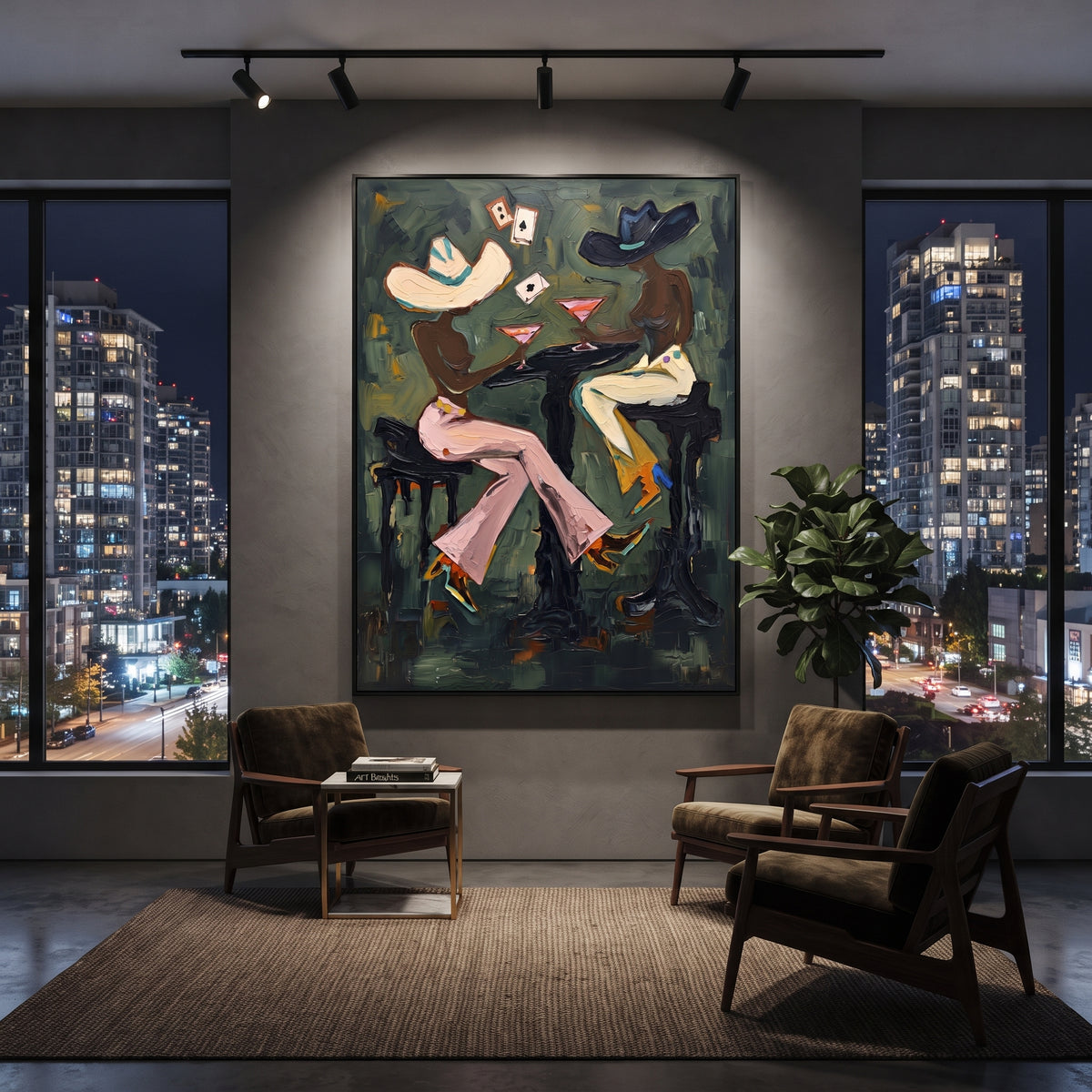 Black Hat Martini Table focuses on black hat martini table with two western figures, wide hats, black table or bar surface, martini glasses, floating playing cards, and dark olive saloon ground. The composition is built from the exact pose, clothing shape, accessories, furniture, animal form, shoreline, palm shape, surfboard, or table arrangement visible in this artwork, so the image reads as a specific modern figurative painting rather than a generic decorative abstract. The green; pink; black
