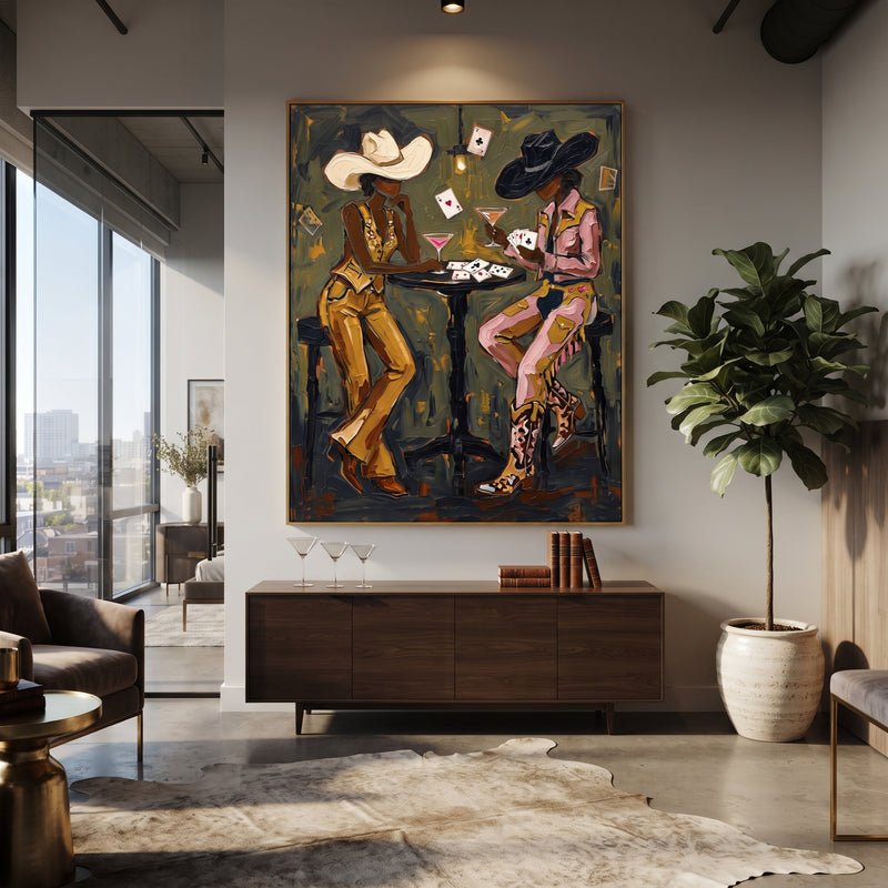 "Falling Cards Saloon Pair" - Modern Heavy Impasto Beach Figure Artwork | Green & Pink Palette Knife Painting | Luxury Vertical Wall Art #PT 2753