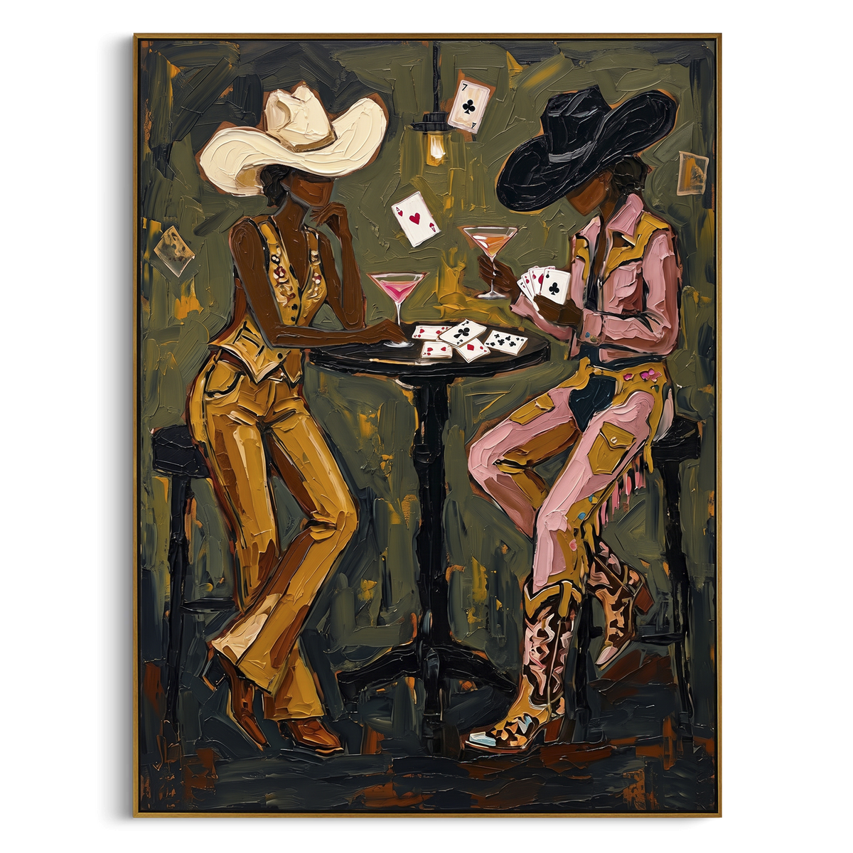 Falling Cards Saloon Pair focuses on falling cards saloon pair with two western figures, wide hats, black table or bar surface, martini glasses, floating playing cards, and dark olive saloon ground. The composition is built from the exact pose, clothing shape, accessories, furniture, animal form, shoreline, palm shape, surfboard, or table arrangement visible in this artwork, so the image reads as a specific modern figurative painting rather than a generic decorative abstract. The green; pink