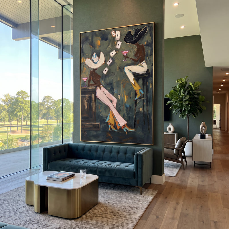 "Dark Green Poker Toast" - Modern Heavy Impasto Beach Figure Artwork | Green & Pink Palette Knife Painting | Luxury Vertical Wall Art #PT 2755