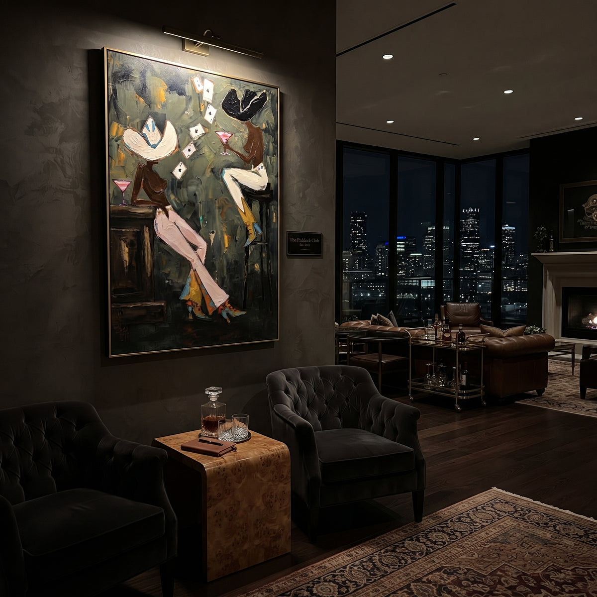 Dark Green Poker Toast focuses on dark green poker toast with two western figures, wide hats, black table or bar surface, martini glasses, floating playing cards, and dark olive saloon ground. The composition is built from the exact pose, clothing shape, accessories, furniture, animal form, shoreline, palm shape, surfboard, or table arrangement visible in this artwork, so the image reads as a specific modern figurative painting rather than a generic decorative abstract. The green; pink; black