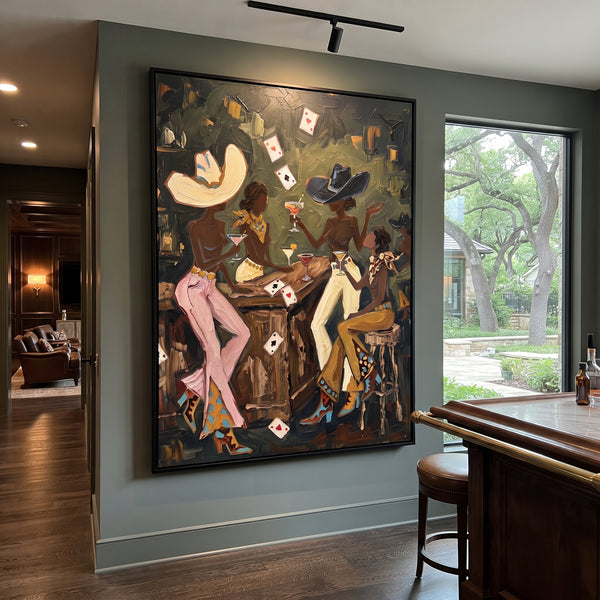 "Cream Pants Table Duel" - Modern Heavy Impasto Beach Figure Artwork | Green & Pink Palette Knife Painting | Luxury Vertical Wall Art #PT 2756