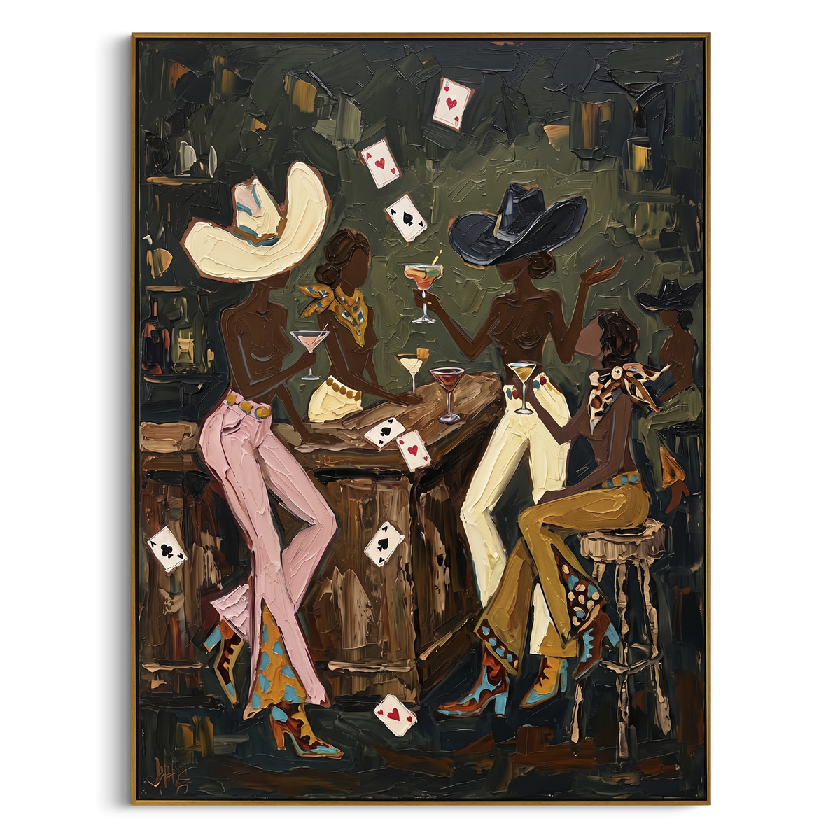 "Cream Pants Table Duel" - Modern Heavy Impasto Beach Figure Artwork | Green & Pink Palette Knife Painting | Luxury Vertical Wall Art #PT 2756