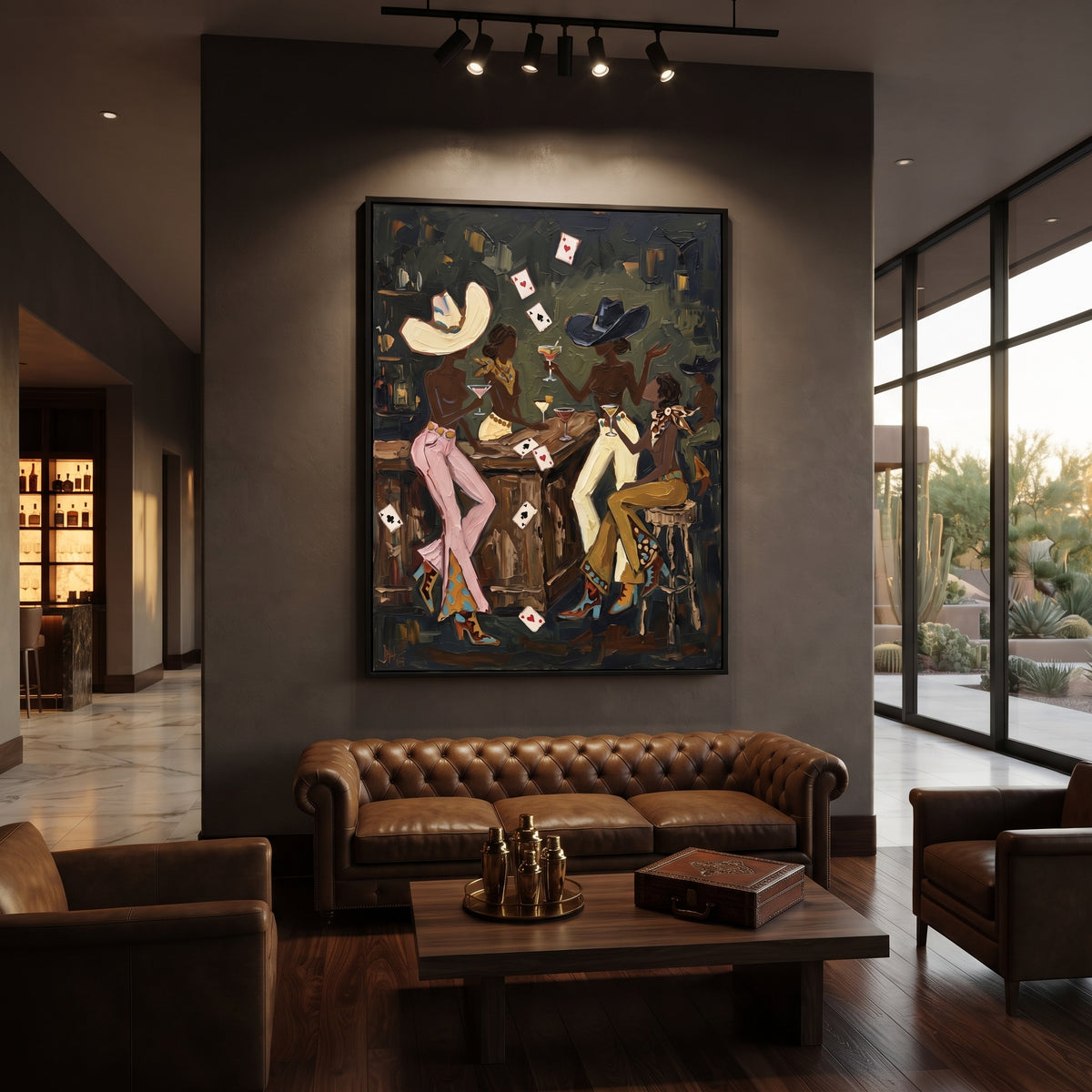 Cream Pants Table Duel focuses on cream pants table duel with two western figures, wide hats, black table or bar surface, martini glasses, floating playing cards, and dark olive saloon ground. The composition is built from the exact pose, clothing shape, accessories, furniture, animal form, shoreline, palm shape, surfboard, or table arrangement visible in this artwork, so the image reads as a specific modern figurative painting rather than a generic decorative abstract. The green; pink; black