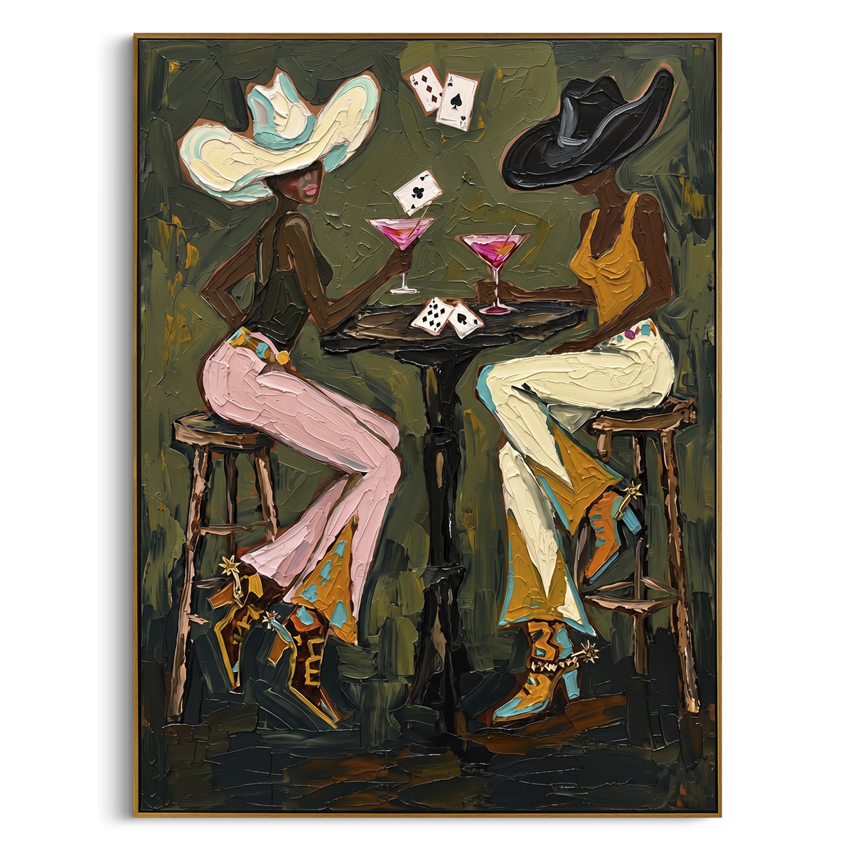 "Two Hat Poker Conversation" - Modern Heavy Impasto Beach Figure Artwork | Green & Pink Palette Knife Painting | Luxury Vertical Wall Art #PT 2758