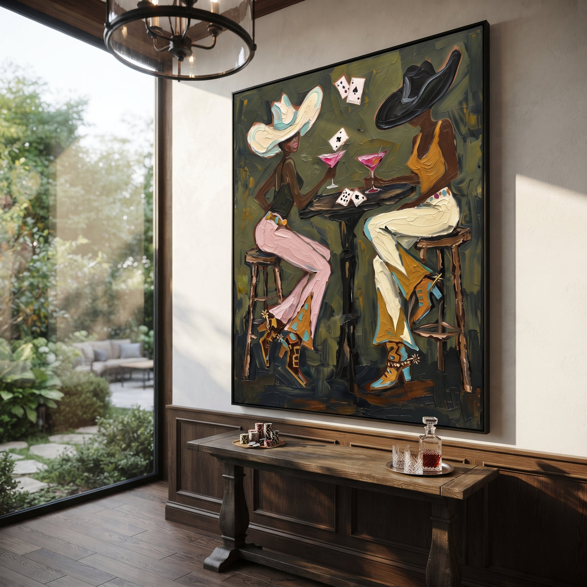 Two Hat Poker Conversation focuses on two hat poker conversation with two western figures, wide hats, black table or bar surface, martini glasses, floating playing cards, and dark olive saloon ground. The composition is built from the exact pose, clothing shape, accessories, furniture, animal form, shoreline, palm shape, surfboard, or table arrangement visible in this artwork, so the image reads as a specific modern figurative painting rather than a generic decorative abstract. The green; pink
